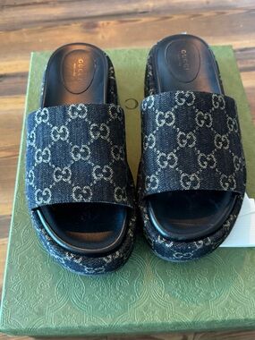 Gucci Dark Blue Denim GG Monogram Slide Sandals